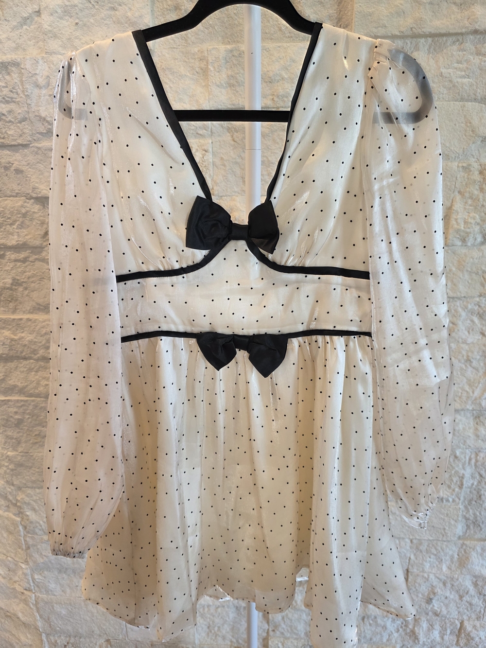 Polka Dot Bow-Accent Babydoll Nightdress - White with Black Trim